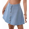 thumbnail image 1 of Womens Washed Denim Button Front Short Flared Skirt A Line Mini Skirt Casual High Waist Light Blue XL, 1 of 9