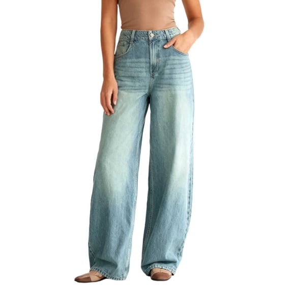 Womens Washed Jeans High Elastic Waisted Stretchy Straight Wide Leg Retro Streetwear Pull on Pants Loose Denim Pants Trendy 2025