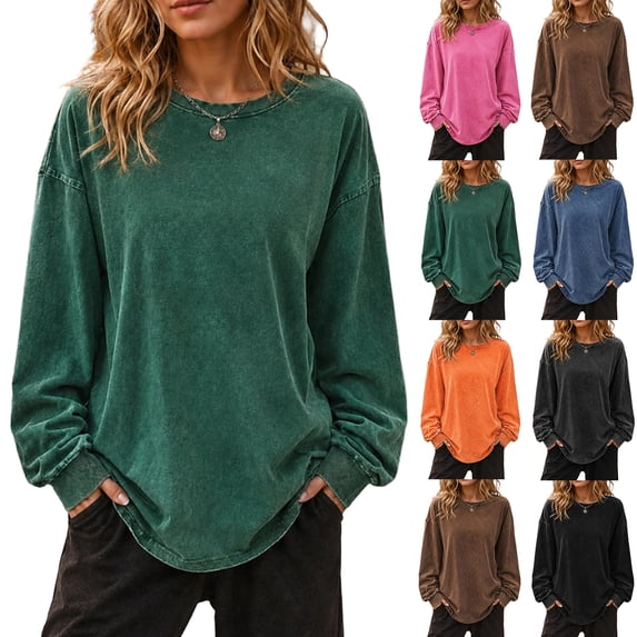 Womens Washed Sweatshirt Oversized Long Sleeve Crewneck Loose Fall Winter Tops