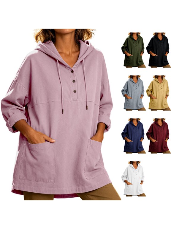 Womens Washed Twill Anorak Hoodie Henley Pullover Long Sleeve Hooded Jackets Oversized Slouchy Drawstring Sweatshirt for Travel Loungewear, Pink, XXL