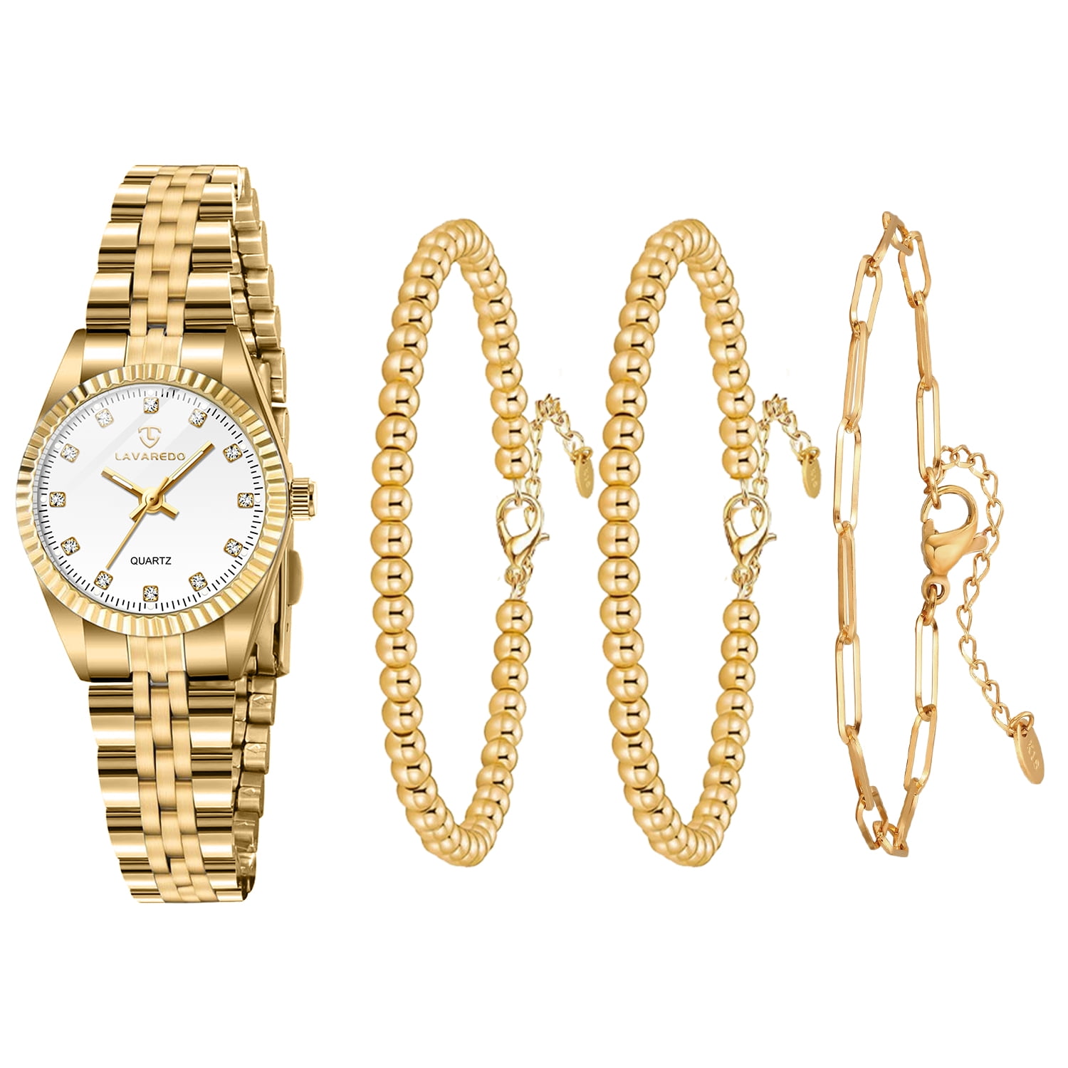 Womens Watch Set, 18K Gold Plated Bangle Bracelets Ring for Women, Dainty Ladies Wrist Watch Waterproof Analog Watch, Gifts for Women - 4PCS
