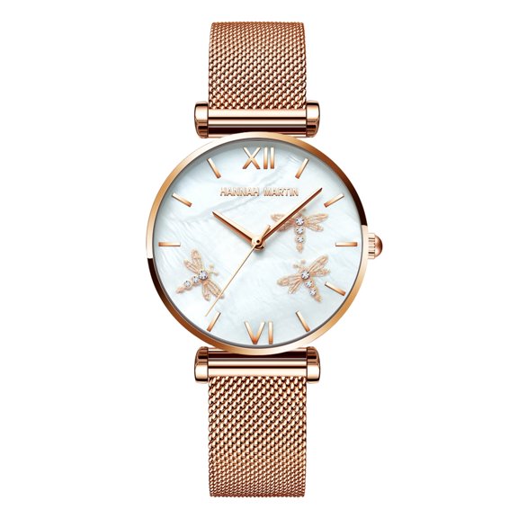 Womens Watches Quartz Rose Gold Fashoin Waterproof Analog Butterfly Large Dial Wristwatch with Stainless Steel Band for Ladies