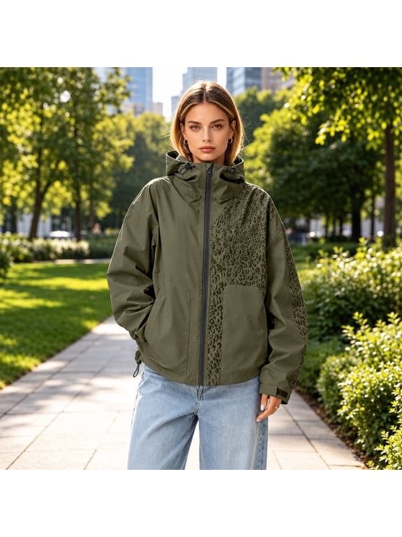Womens Water Activated Color Change Leopard Hooded Jacket Long Sleeve Full Zip Waterproof Windproof Fall Spring Jacket