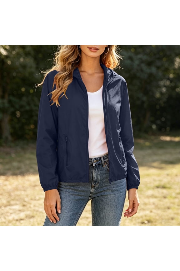 Womens Water Resistant Windbreaker Jacket Lightweight Hooded Packable Travel Navy,Size L