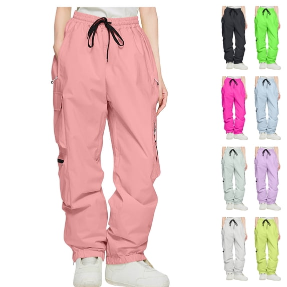 Womens Water Resistant Windproof Ski Pants Double Layered Snowboard Insulated High Waist Baggy Cargo Parachute Joggers for Winter Outdoor Sports, Black, L