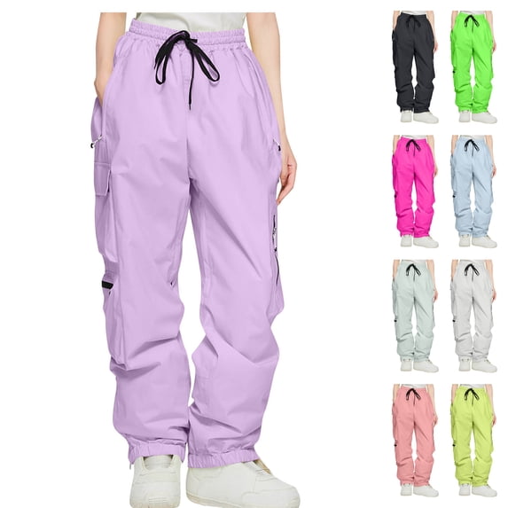 Womens Water Resistant Windproof Ski Pants Double Layered Snowboard Insulated High Waist Baggy Cargo Parachute Joggers for Winter Outdoor Sports, Black, L