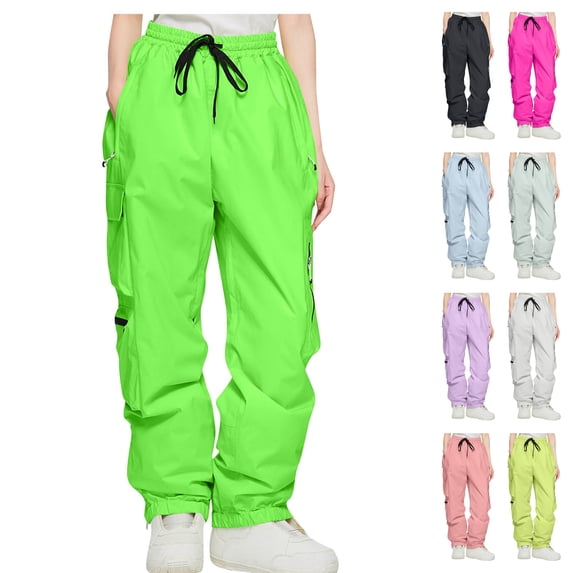 Womens Water Resistant Windproof Ski Pants Double Layered Snowboard Insulated High Waist Baggy Cargo Parachute Joggers for Winter Outdoor Sports, Black, L