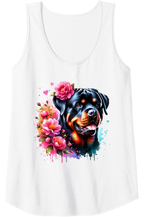 Womens Watercolor Cute Rottweiler Dog Mom Pink Flowers Art Print Tank Top Size S-3XL