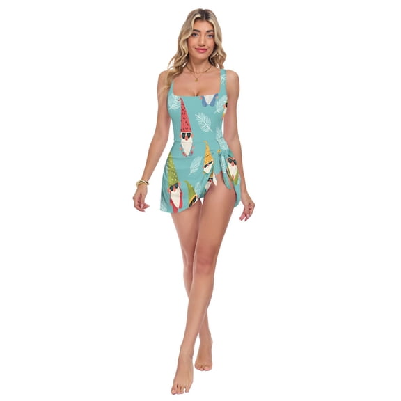 Womens Watermelon Hat Pattern Print 2-in-1 Swim Dress Detachable Skirt One-Piece Swimsuit Square Neck S-XXL