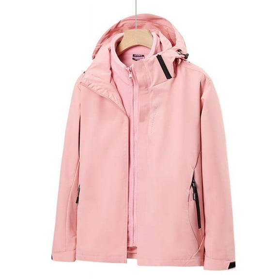 Womens Waterproof Comfortable Rain Jacket Solid Color Long Sleeved Zipper Three In One Windproof Mountaineering Two-Piece Winter Pink Raincoat For Hiking 3XL Up to 65% Off!