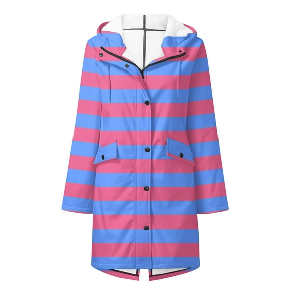 Womens Waterproof Comfortable Rain Jacket Stripe Fleece Keep Warm Plus Hooded Windproof Solid Outwear Winter Hot Pink Outdoor Hiking Raincoat S-2XL