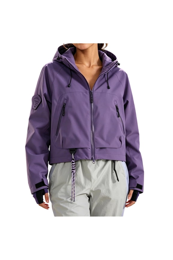Womens Waterproof Crop Rain Jacket Hooded Zip Up Lightweight Raincoat Cycling Exercising Windbreakers with Pockets