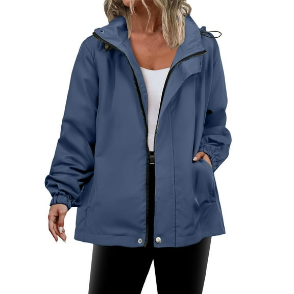 Womens Waterproof Full Zip Jacket with Pockets Mid-weight Windproof Hooded Raincoat Hiking Outdoor Windbreaker (L, Blue)