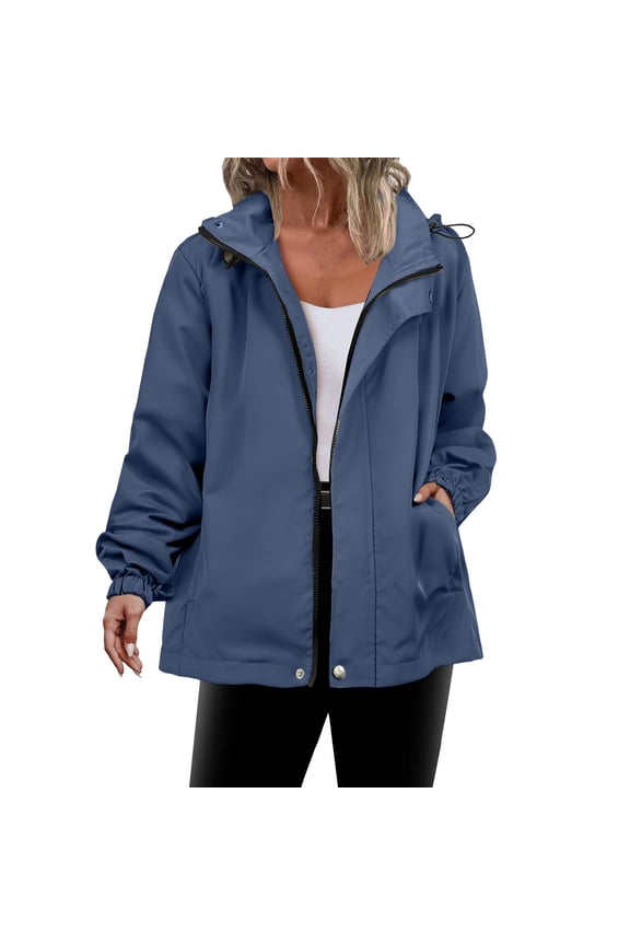 Womens Waterproof Full Zip Jacket with Pockets Mid-weight Windproof Hooded Raincoat Hiking Outdoor Windbreaker (M, Blue)