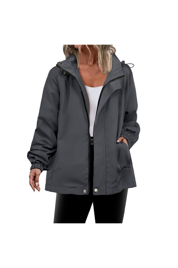 Womens Waterproof Full Zip Jacket with Pockets Mid-weight Windproof Hooded Raincoat Hiking Outdoor Windbreaker (M, Dark Gray)