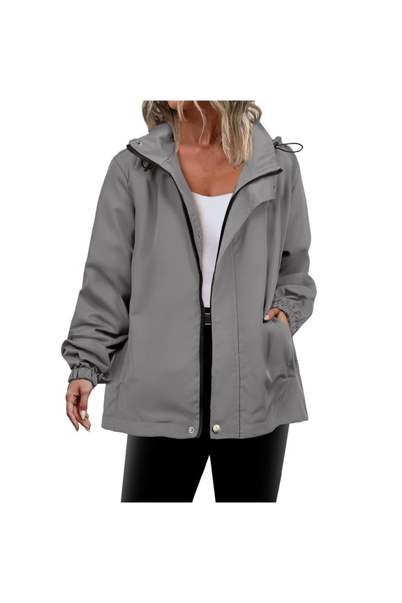 Womens Waterproof Full Zip Jacket with Pockets Mid-weight Windproof Hooded Raincoat Hiking Outdoor Windbreaker (XL, Gray)
