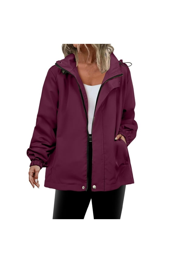 Womens Waterproof Full Zip Jacket with Pockets Mid-weight Windproof Hooded Raincoat Hiking Outdoor Windbreaker (XL, Wine)