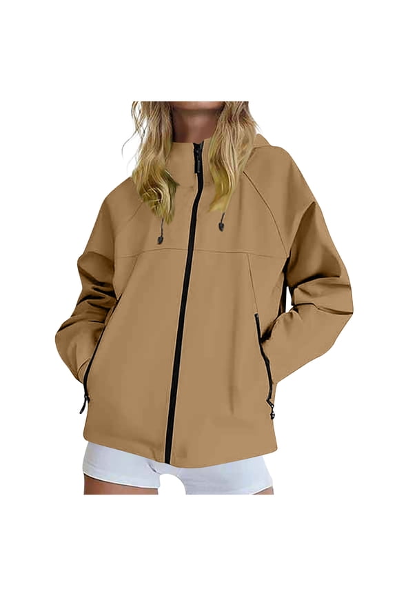 Womens Waterproof Hiking Jackets Zipper Light Weight Raglan Hooded Jacket with Pocket Outdoor Tactical Athletic Raincoat Coffee, 4XL