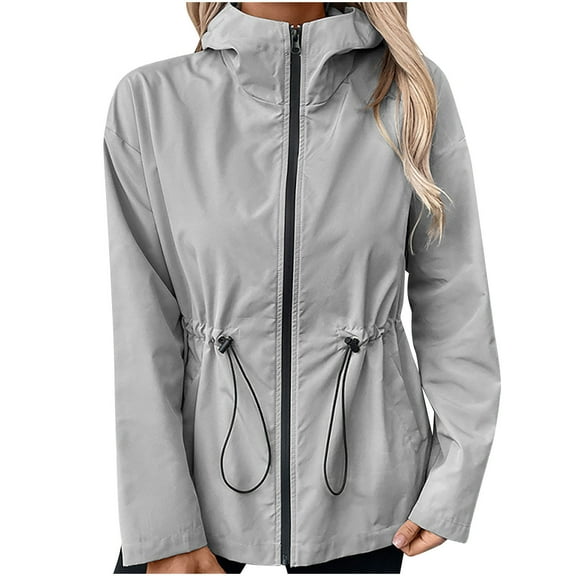 Womens Waterproof Jackets Casual Light Weight Tunic Hooded Jackets High Neck Long Sleeve Outwear Coats Gray, S