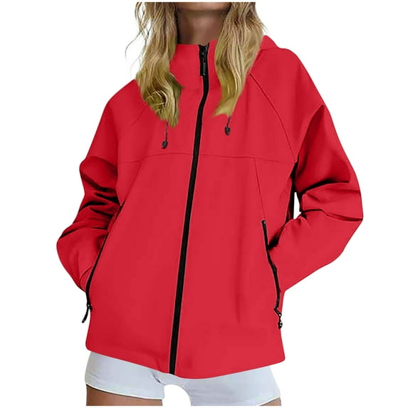 Womens Waterproof Jackets Lightweight Hooded Rain Coat Long Sleeve Windbreaker Climbing Outdoor Hooded Raincoat Trench Coat with Pockets Red M