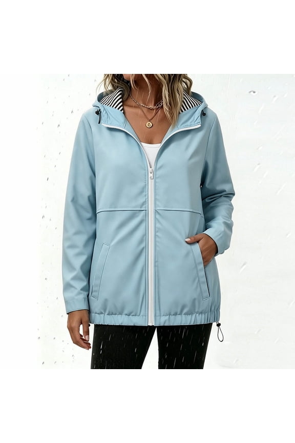 Womens Waterproof Lightweight Packable Rain Jacket Hooded Windbreaker Light Blue Nylon Shell,Size S