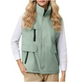 thumbnail image 1 of Womens Waterproof Puffer Vest Outdoor Hiking Zipper Pocket Quilted Jacket Zip-Up Stand Collar Sleeveless Windbreaker Green, 3XL, 1 of 6