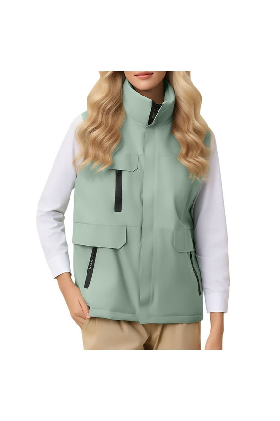 Womens Waterproof Puffer Vest Outdoor Hiking Zipper Pocket Quilted Jacket Zip-Up Stand Collar Sleeveless Windbreaker Green, 3XL