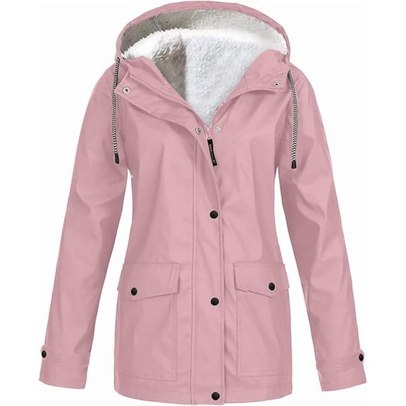 Womens Waterproof Rain Jacket Fleece Lined Rain Coats Lightweight Zip Up Hooded Winter Rain Windbreaker Jackets Outdoor Hooded Trench Raincoat