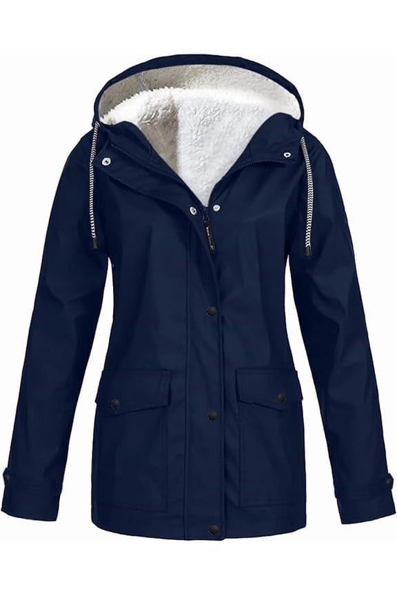 Womens Waterproof Rain Jacket Fleece Lined Rain Coats Lightweight Zip Up Hooded Winter Rain Windbreaker Jackets Outdoor Hooded Trench Raincoat