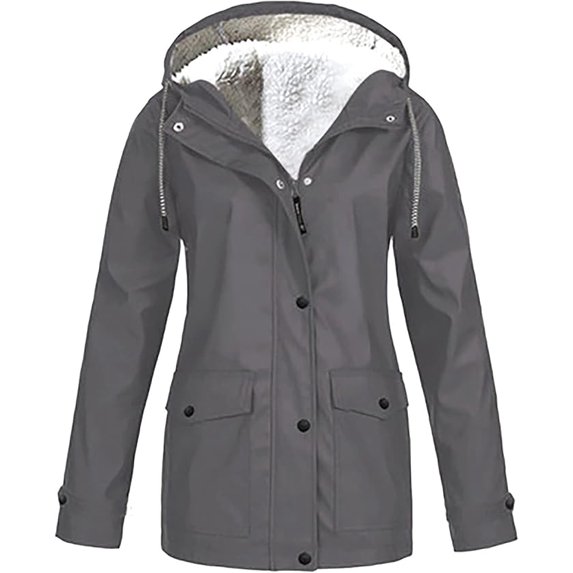Womens Waterproof Rain Jacket Fleece Lined Rain Coats Lightweight Zip Up Hooded Winter Rain Windbreaker Jackets Outdoor Hooded Trench Raincoat