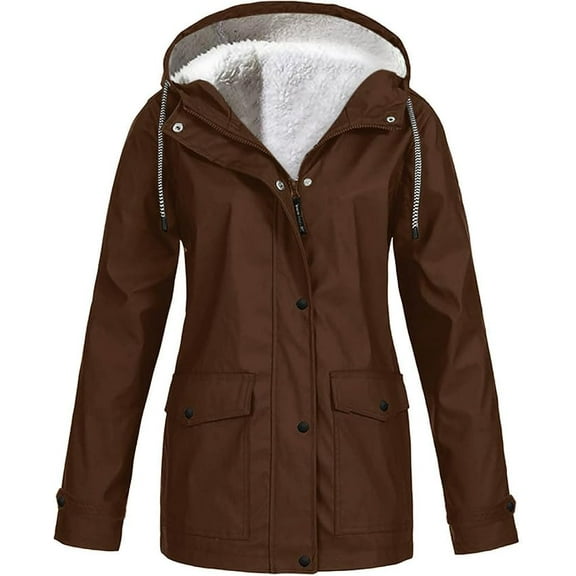 Womens Waterproof Rain Jacket Fleece Lined Rain Coats Lightweight Zip Up Hooded Winter Rain Windbreaker Jackets Outdoor Hooded Trench Raincoat