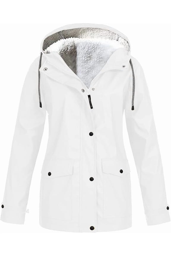 Womens Waterproof Rain Jacket Fleece Lined Rain Coats Lightweight Zip Up Hooded Winter Rain Windbreaker Jackets Outdoor Hooded Trench Raincoat