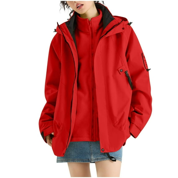 Womens Waterproof Rain Jacket Fleece Lined Rain Coats Thermal Zipper Solid Color Hooded Windbreaker Jackets Pocket XS-4XL