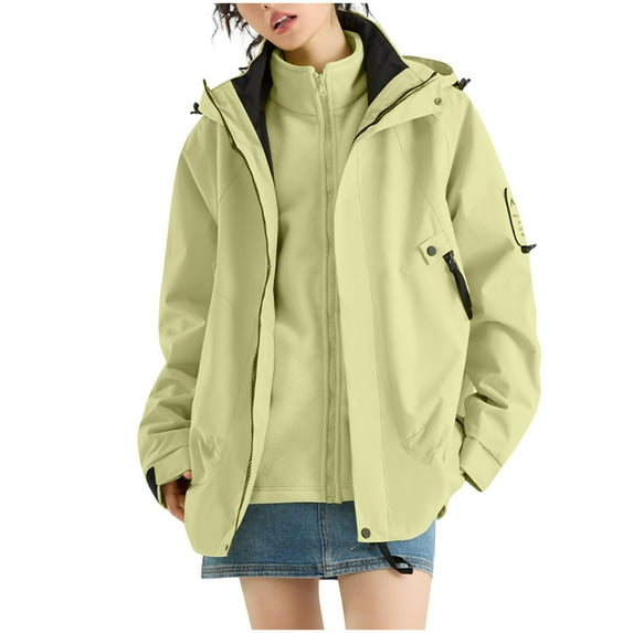 Womens Waterproof Rain Jacket Fleece Lined Rain Coats Thermal Zipper Solid Color Hooded Windbreaker Jackets Pocket XS-4XL