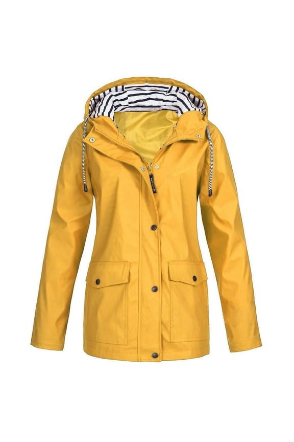 Womens Waterproof Raincoat Casual Solid Drawstring Outdoor Hooded Jacket Coat with Pockets