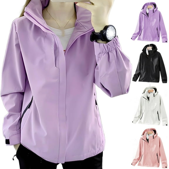 Omewoold Women Lightweight Jackets Waterproof Hooded Raincoat Packable Atheletic Jacket Hiking Windbreaker Rain Jacket With Pockets, Purple 2XL