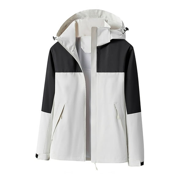 Womens Waterproof Raincoat Lightweight Color Block Jackets Windproof Hooded Jacket with Pockets