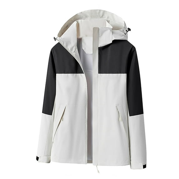 Womens Waterproof Raincoat Lightweight Color Block Jackets Windproof Hooded Jacket with Pockets