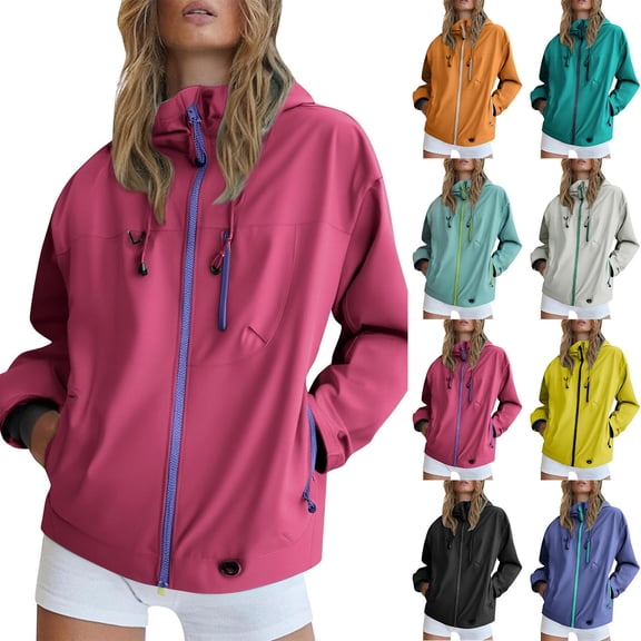 Womens Waterproof Raincoat Warm Spring Summer Hiking Hooded with Zippers Drawstring Pockets