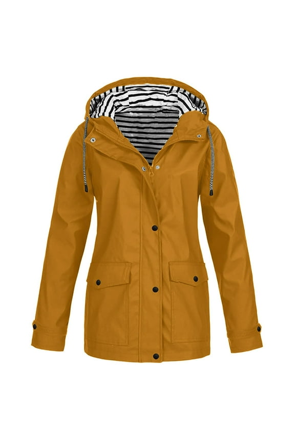 Womens Waterproof Raincoats Lightweight Windproof Hooded Raincoat Adjustable Windbreaker Rain Coats Travel Jacket Ginger L