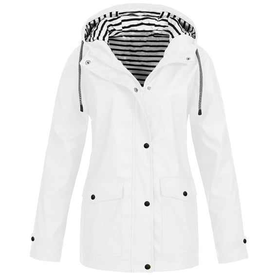 Womens Waterproof Raincoats Lightweight Windproof Hooded Raincoat Adjustable Windbreaker Rain Coats Travel Jacket White 2XL
