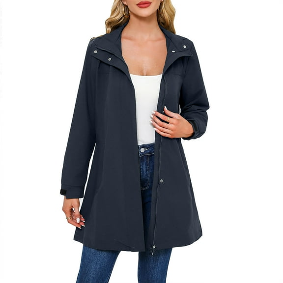 Womens Waterproof Trench Coats Detachable Hood Long Windbreaker Raincoat Lightweight Zipper Fall Hiking Jackets Dark Blue, S