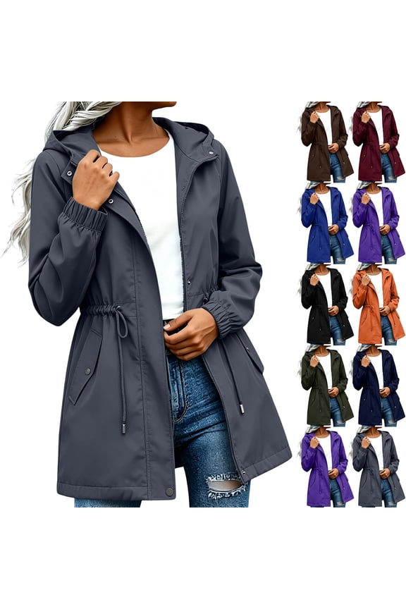 Womens Waterproof Windproof Jacket Casual Hooded Mid-Length Waterproof Jacket With Drawstring Waist and Pockets Outdoor Trekking Sports Jacket