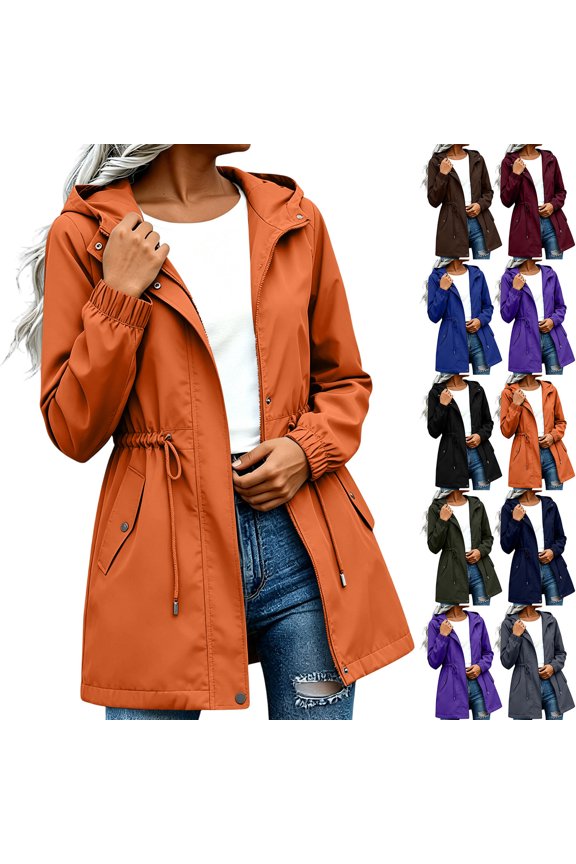 Womens Waterproof Windproof Jacket Casual Hooded Mid-Length Waterproof Jacket With Drawstring Waist and Pockets Outdoor Trekking Sports Jacket