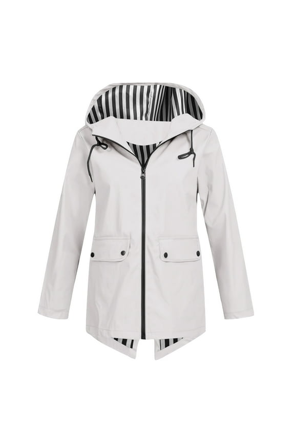 Womens Waterproof Zipper Jackets Fall Casual Windbreaker Outwear Jackets with Hood Long Sleeve Lightweight Rain Coat White, 2XL