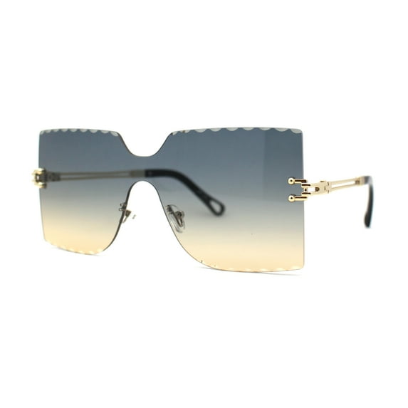 Womens Wave Beveled Lens Oversize Shield Rimless Fashion Sunglasses Gold Blue Brown