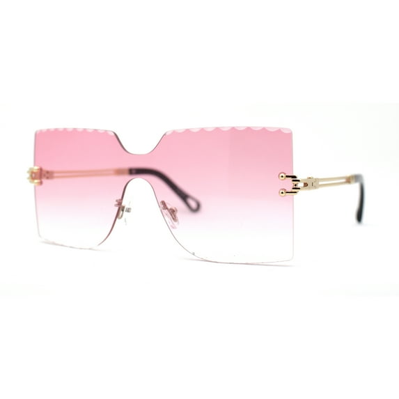 Womens Wave Beveled Lens Oversize Shield Rimless Fashion Sunglasses Gold Pink
