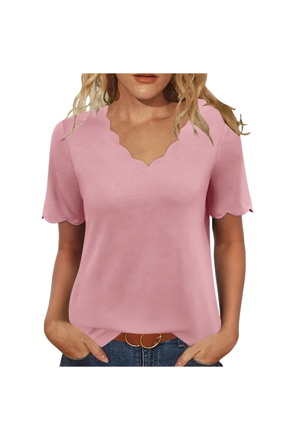 Womens Wave V Neck T Shirts, Short Sleeve Shirts for Women Summer Casual Loose Fit Solid Color Tees Tops