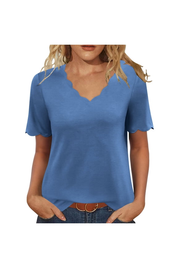 Womens Wave V Neck T Shirts, Short Sleeve Shirts for Women Summer Casual Loose Fit Solid Color Tees Tops
