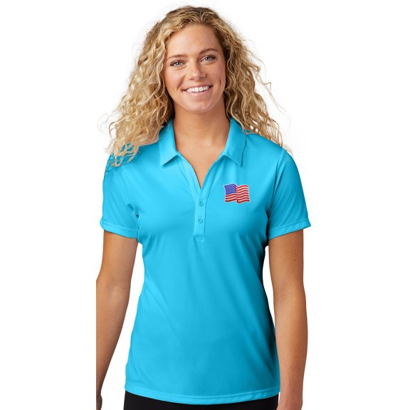 Womens Waving US Flag Patch Polo Shirt, Extra-Small Atomic Blue